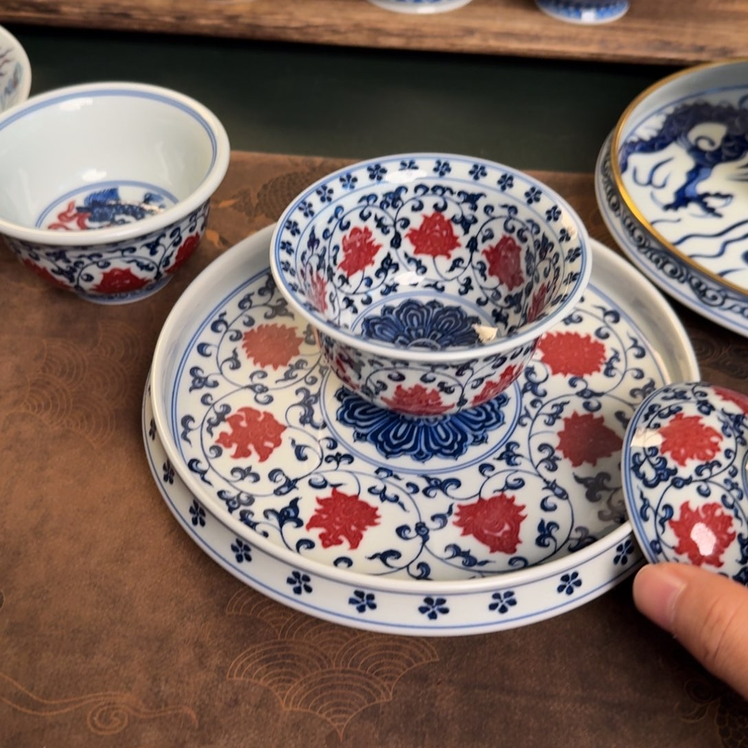 卡***.纯手工手绘陶瓷茶具三件 壶承微瑕