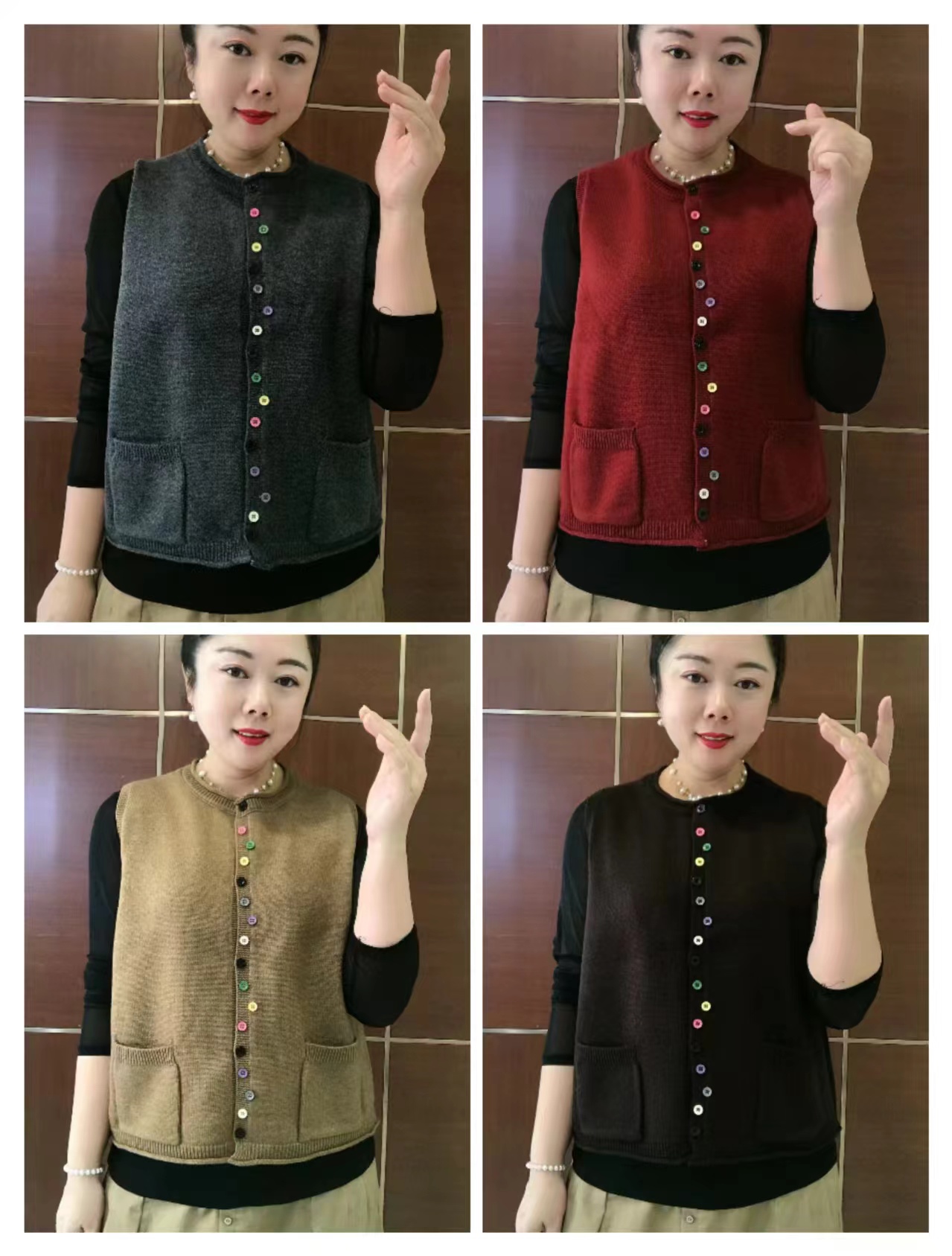 针织彩扣圆领马甲