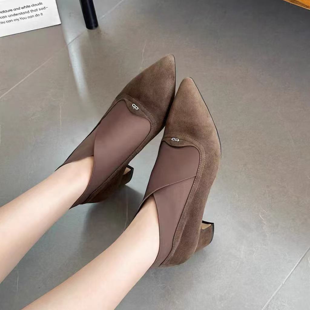 C2553 咖啡色  高端时尚秋冬气质粗跟尖头时装短靴 
