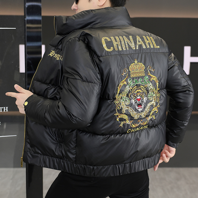 欧货男士冬季新款时尚立领刺绣加厚潮流修身帅气百搭保暖棉服