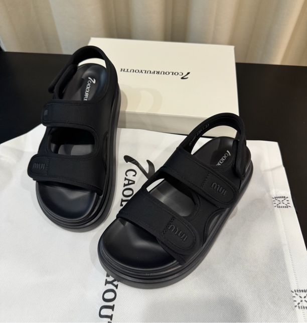 胶粘魔术贴休闲时装凉鞋平跟凉鞋平底黑色简约软底