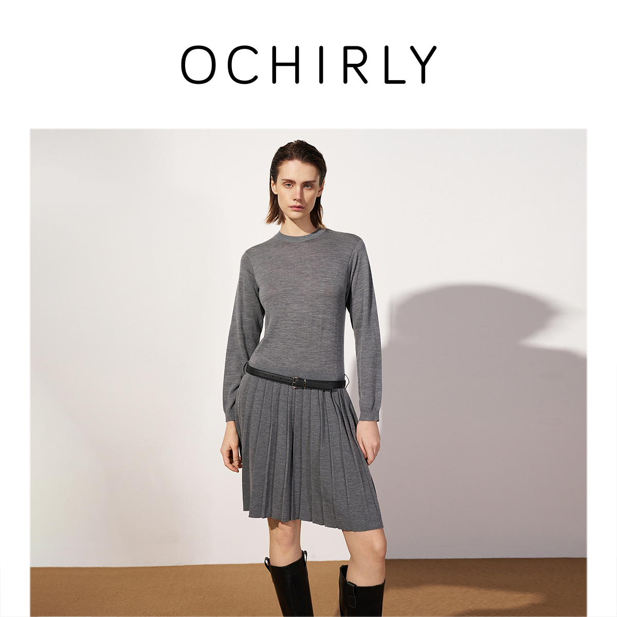 【商场同款】OCHIRLY欧时力 100%美丽诺羊毛连衣裙配腰带25夏季新款