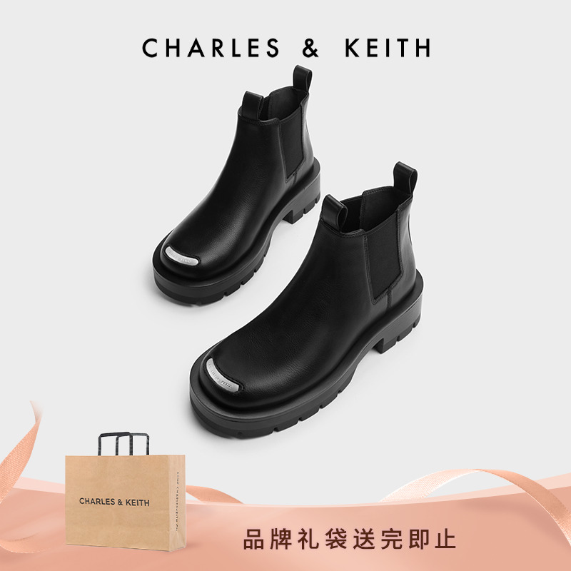 CHARLES & KEITH女士时尚百搭金属圆头厚底短靴女鞋 CK1-90920126