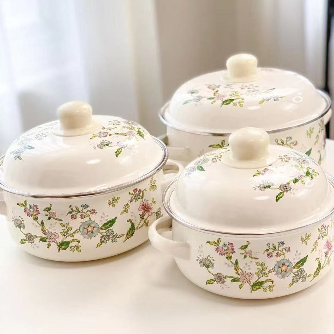 002搪瓷加厚珐琅双耳汤锅炖锅电磁炉泡面燃气灶平底通用带盖猪油