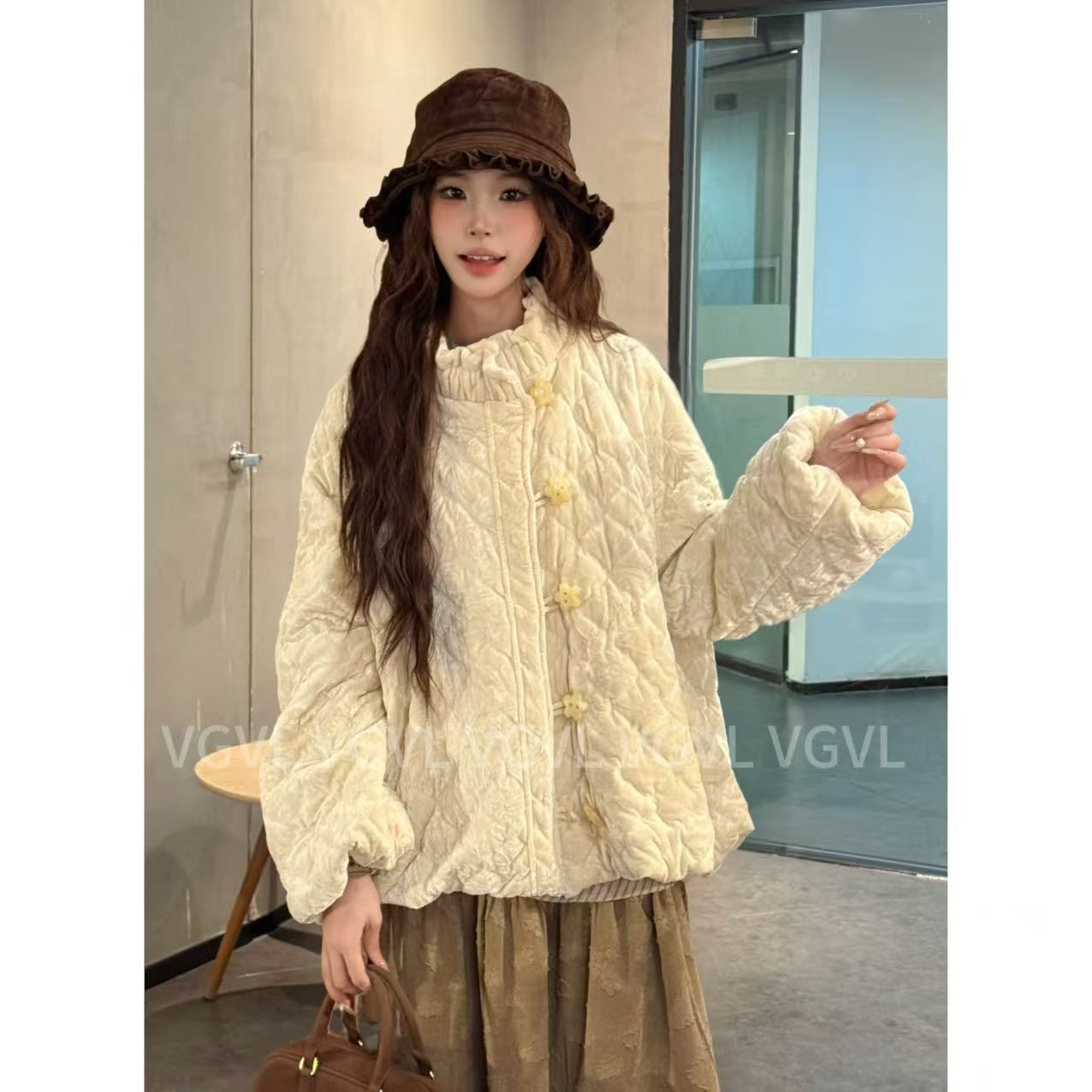 VGVL冬季新款宽松防寒外套女秋冬米白色丝绒立领保暖棉服30192