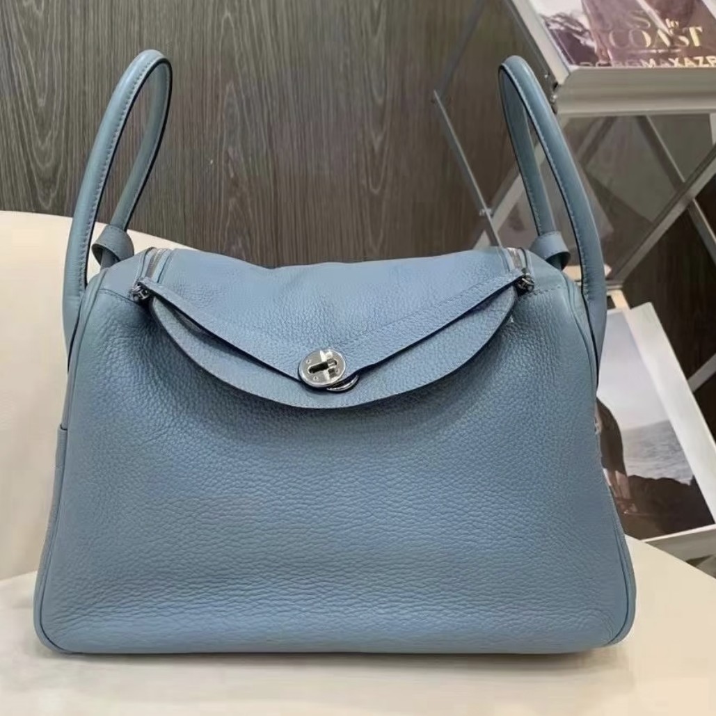 95新 Hermes/爱马仕 lindy34雾霾蓝银扣tc皮N单肩包8511002