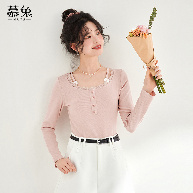 慕兔甜美粉色假两件针织衫女2025春季新款小个子修身显瘦短款上衣