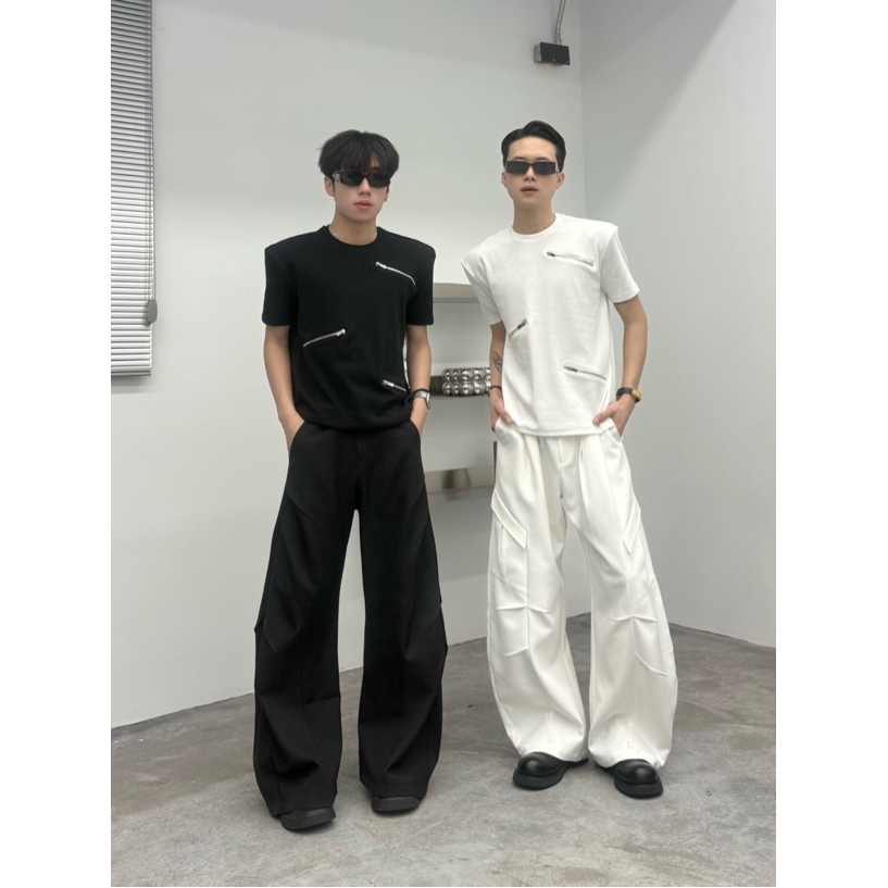 短袖拉链黑色显肌T恤夏季宽松百搭男士T1035