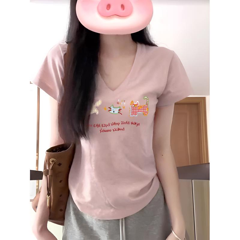 V领复古港风短袖女款奶黄收腰T恤高腰包臀修身显瘦性感辣妹上衣女