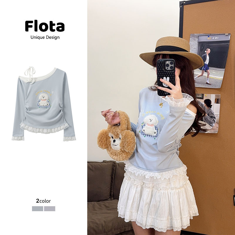 【flota】斜肩蕾丝花边长袖T恤女2025秋冬新款刺绣打底修身上衣3056