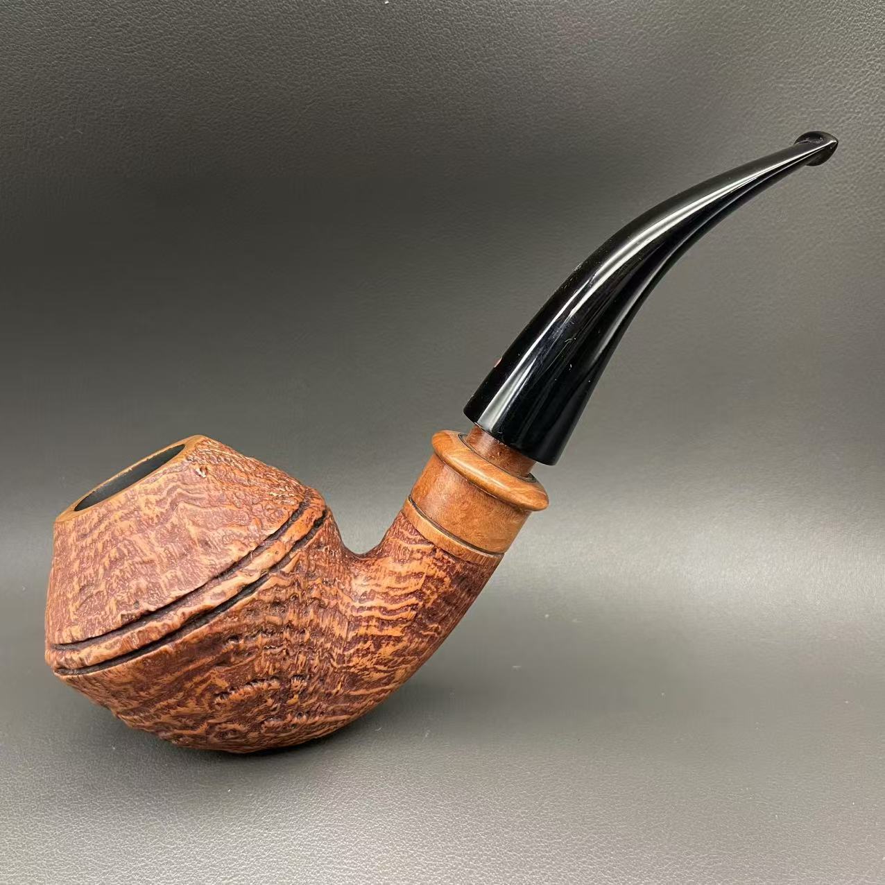 雅克博小红点S2棕色喷砂满水波纹双腰线牛头石楠木烟斗石楠木斗