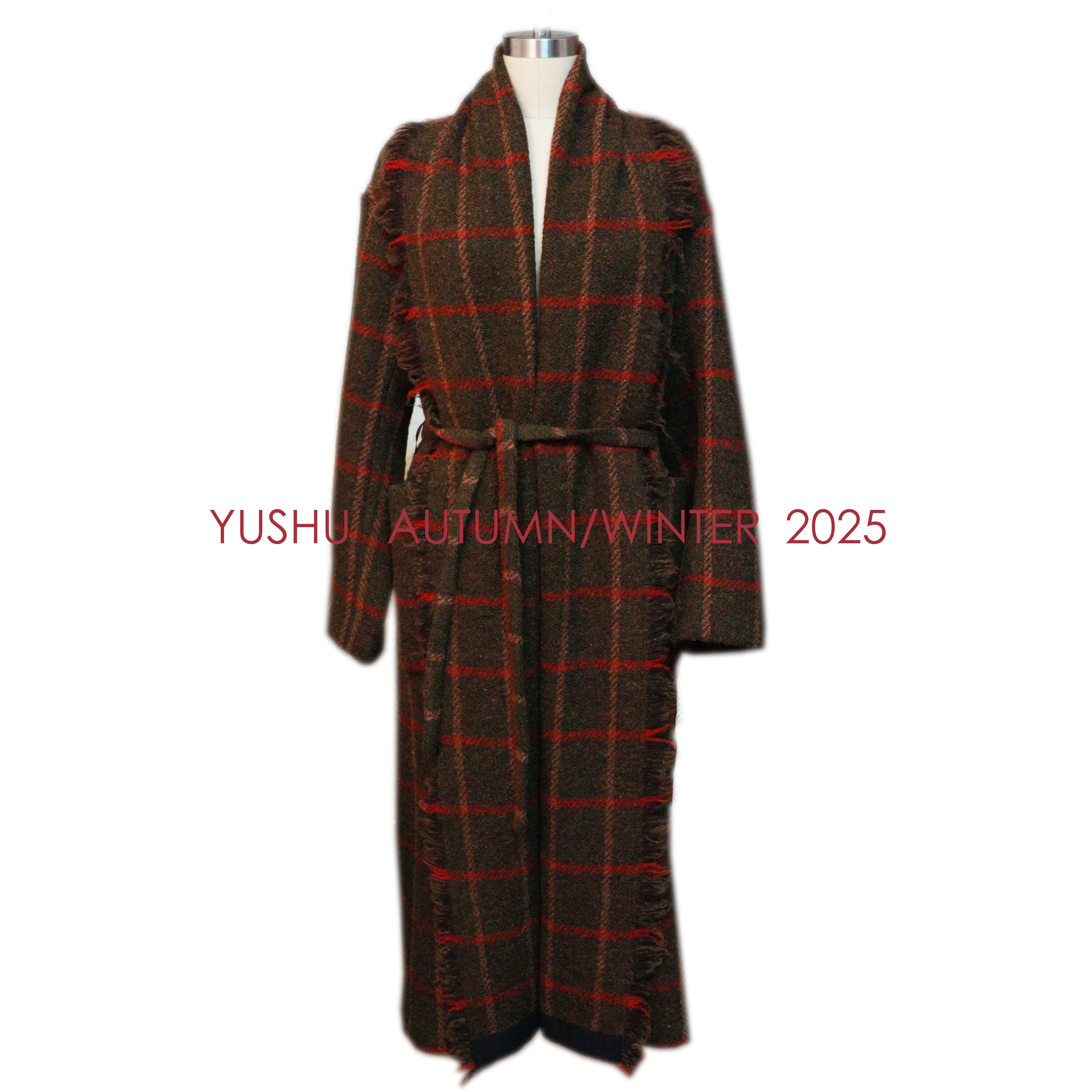 YUSHU【挪威森林】设计师款复古羊毛羊驼毛翻领格纹浴袍大衣外套