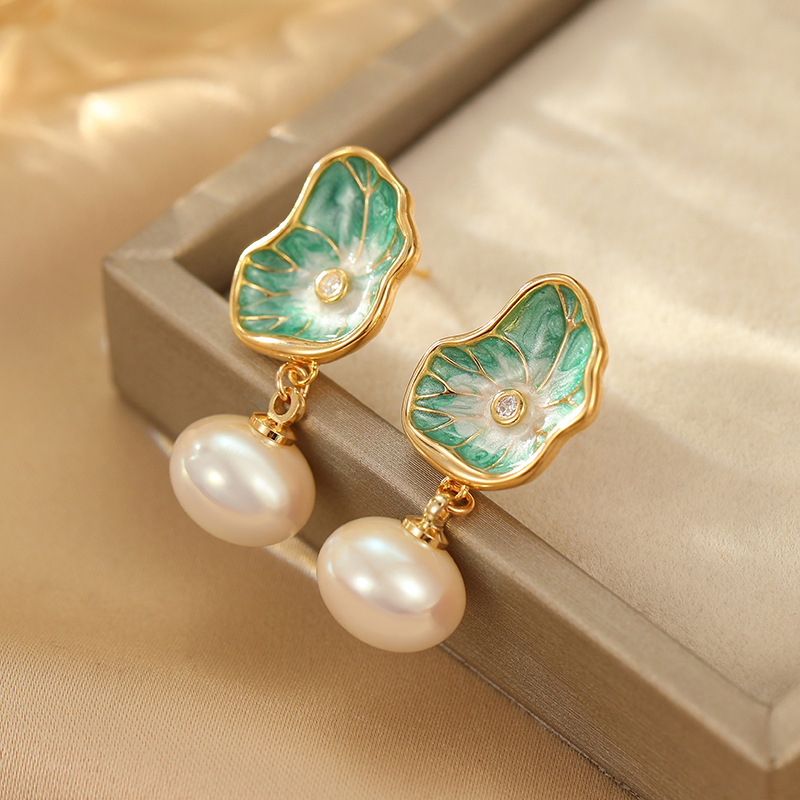 铜合金耳饰 【113】油画荷叶新中式耳钉百搭高级感轻奢时尚国风耳钉