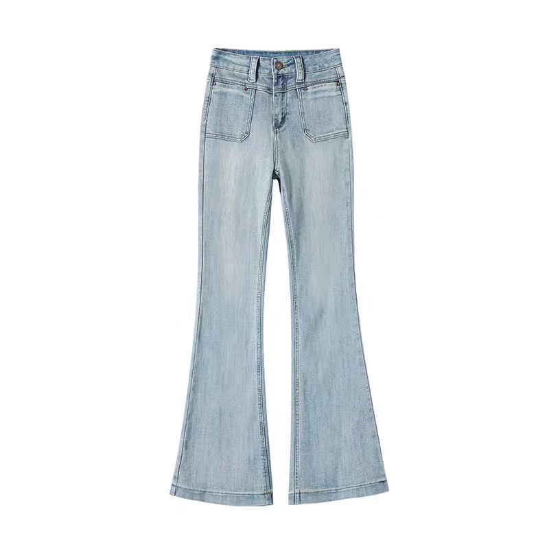 百搭高腰牛仔裤海蓝色微喇裤春秋蓝色显瘦时尚喇叭裤子