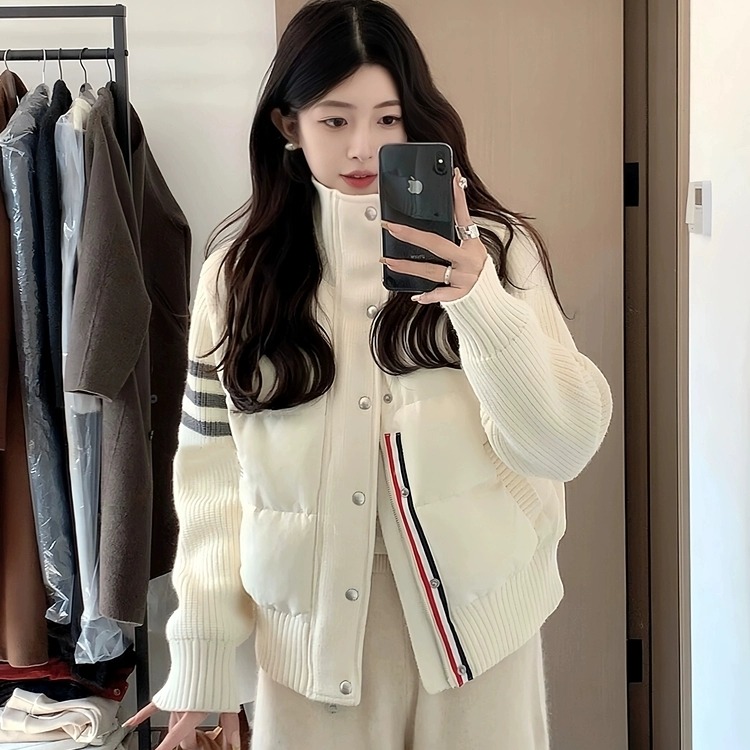 韩系学院风设计感拼接针织棉服男女秋冬独特别致立领轻薄棉衣外套