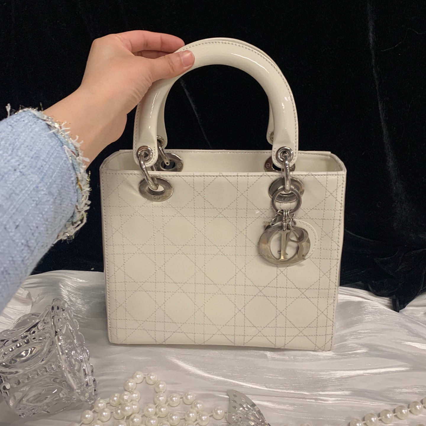 95新 DIOR/迪奥 dior白色 漆皮经典戴妃手拎斜挎包
