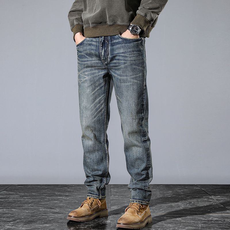 N103春夏款重磅高档赤耳丹宁牛仔裤男修身直筒小脚裤复古水洗