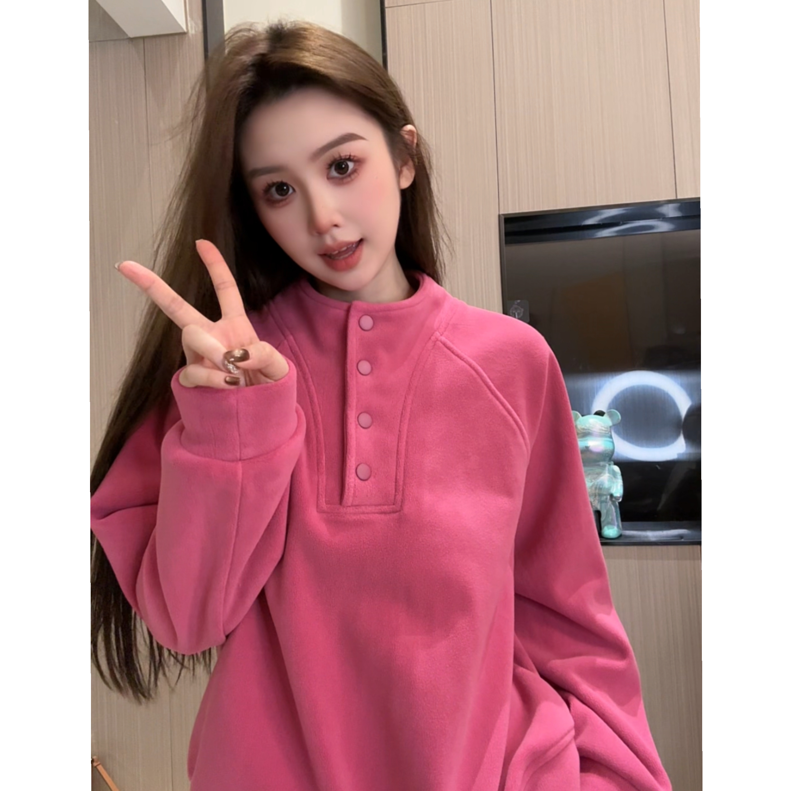 1591加绒加厚立领套头卫衣冬季新款百搭保暖女士