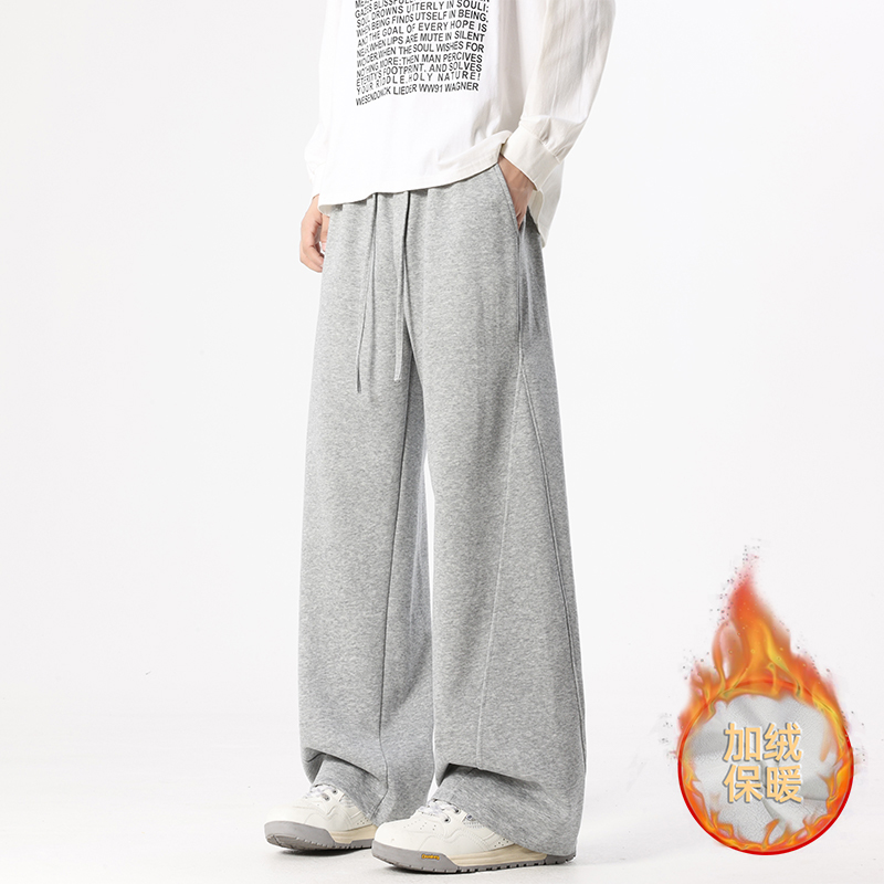 加绒保暖美式高街弯刀裤子男阔腿灰色运动卫裤复古宽松直筒休闲裤