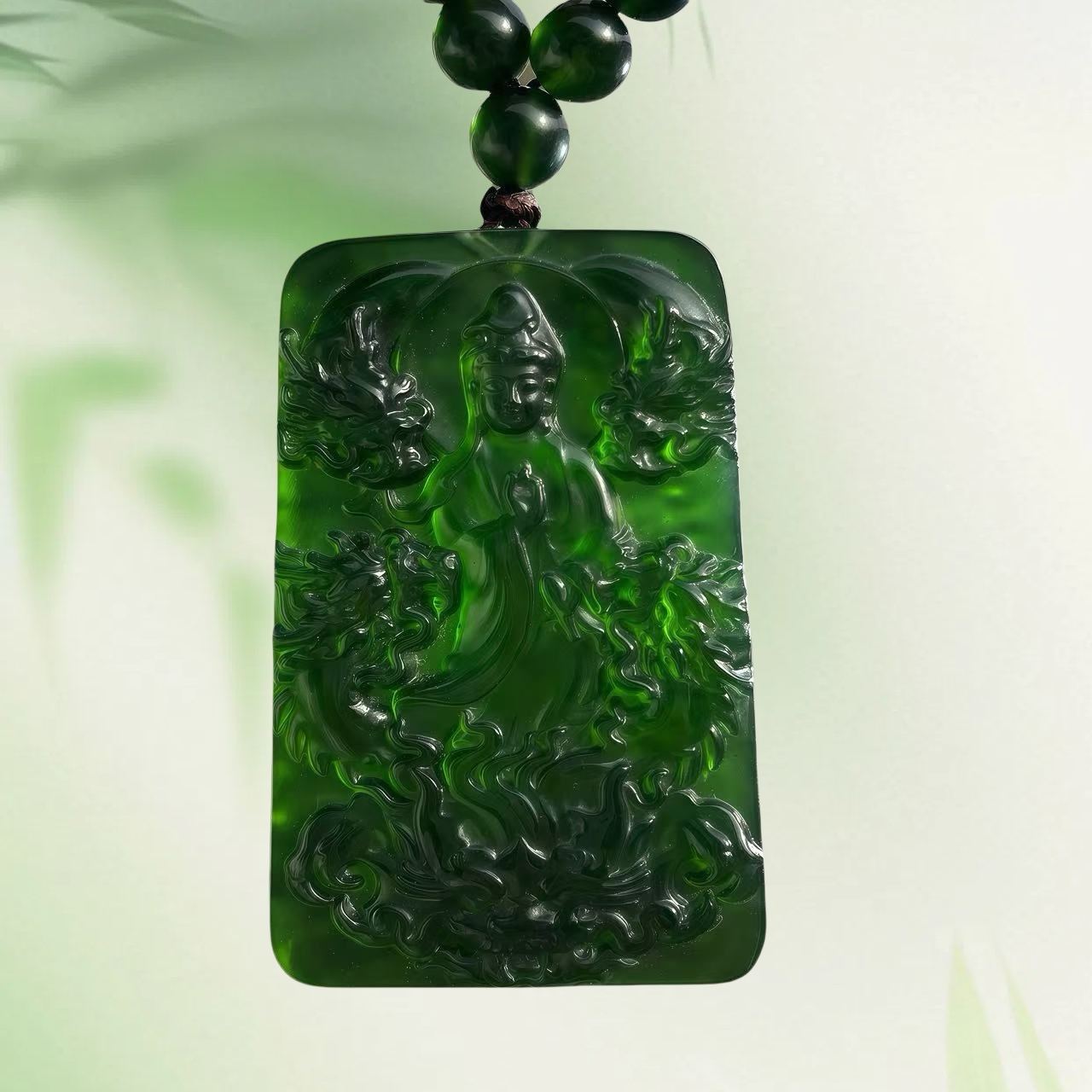 圣御【基地质检发货】帝王绿天然玉九龙观音吊坠➕帝王绿108珠链【婉】