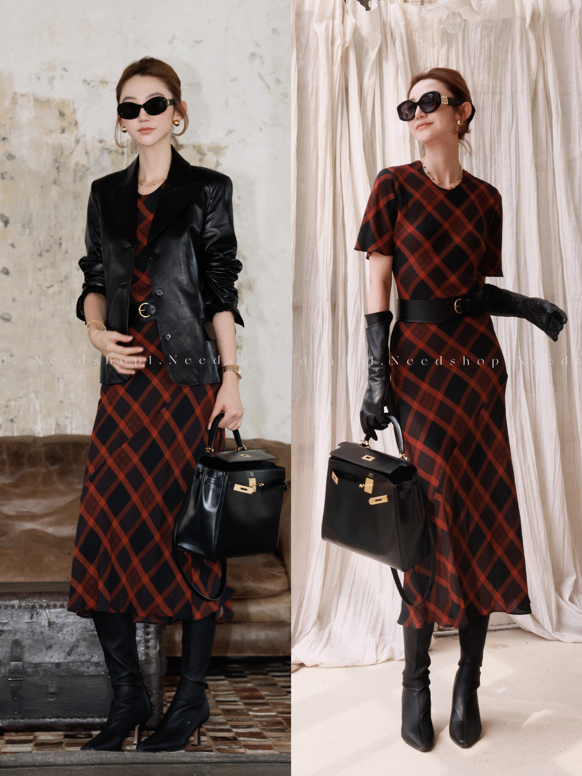 NeedShop1 【红格纹裙】百搭款红色短袖连衣裙