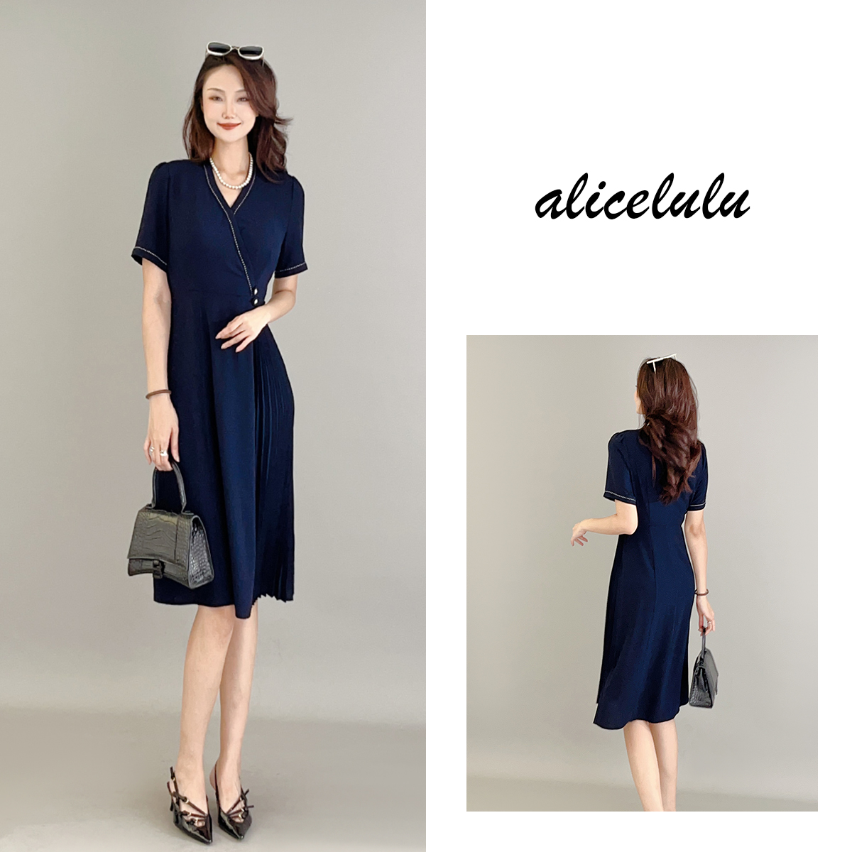 1ALICE“知性办公室”连衣裙优雅褶皱明线设计S2138520B