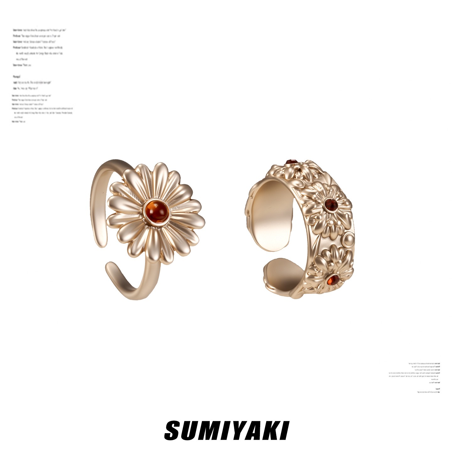 铜合金合成锆石戒指 SUMIYAKI 雏菊系列法式复古戒指开口可调节