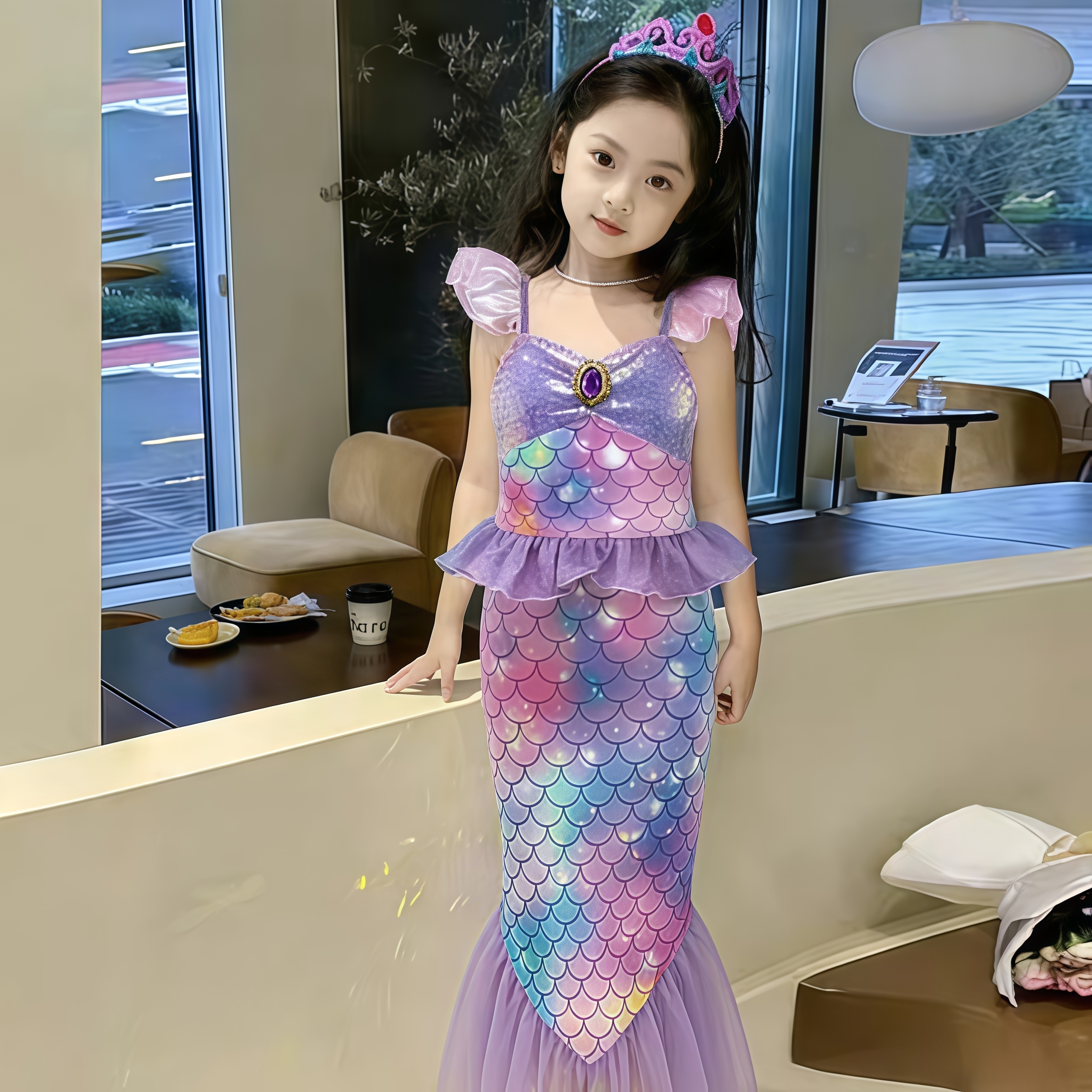 美人鱼公主裙女童亮片鱼尾连衣裙生日礼服裙儿童紫色吊带裙子夏季