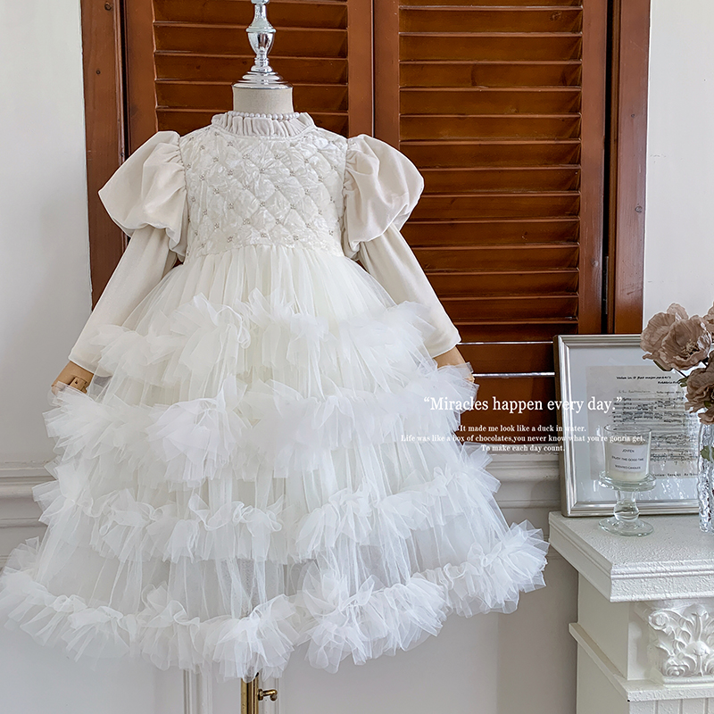  ”银河天使"女童袖子加厚加绒亮片网纱生日礼服女宝宝秋冬连衣裙