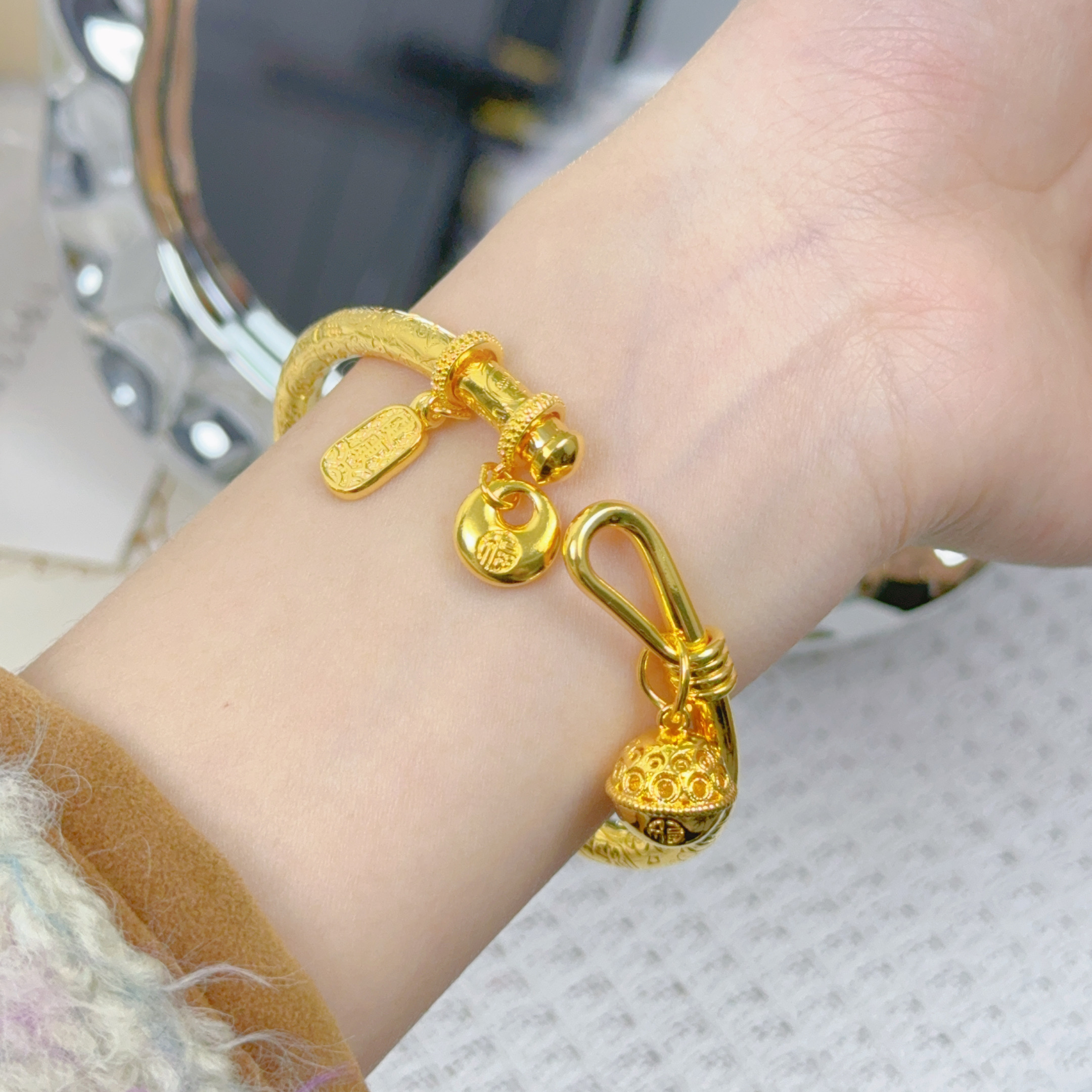 足银手镯 中式国潮足银999外厚包精美时尚女士吉言宫铃开口手镯