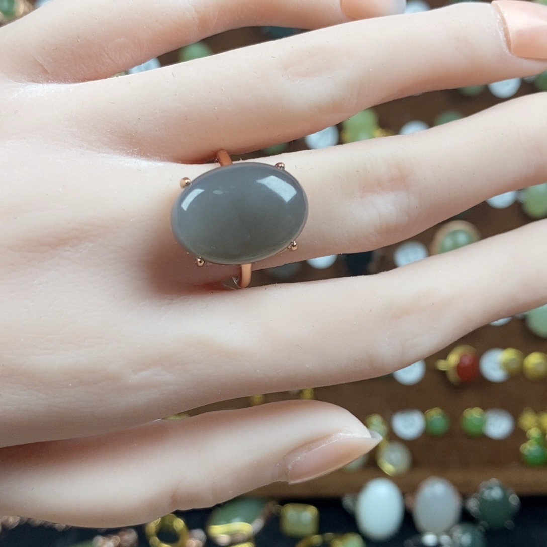 和田玉（青白玉）戒指银S925镀金镶嵌