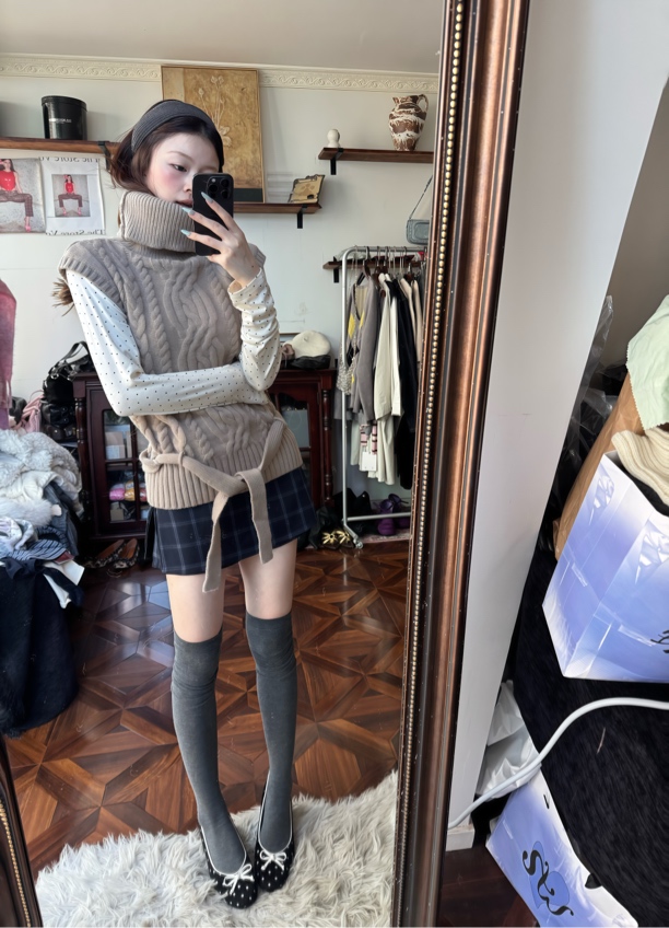 粗针编织立体麻花高领小飞袖腰带绞花背心百搭上衣女