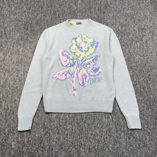 99新 DIOR/迪奥 5300/雾霾蓝logo花朵印花圆领针织毛衣/L码/98新