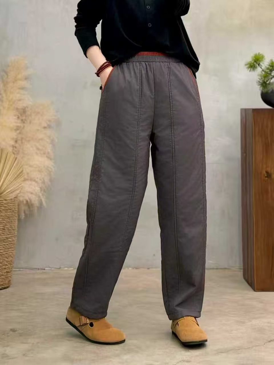 2025冬季纯棉松紧腰拼色保暖直筒裤时尚百搭复古宽松加厚女棉裤