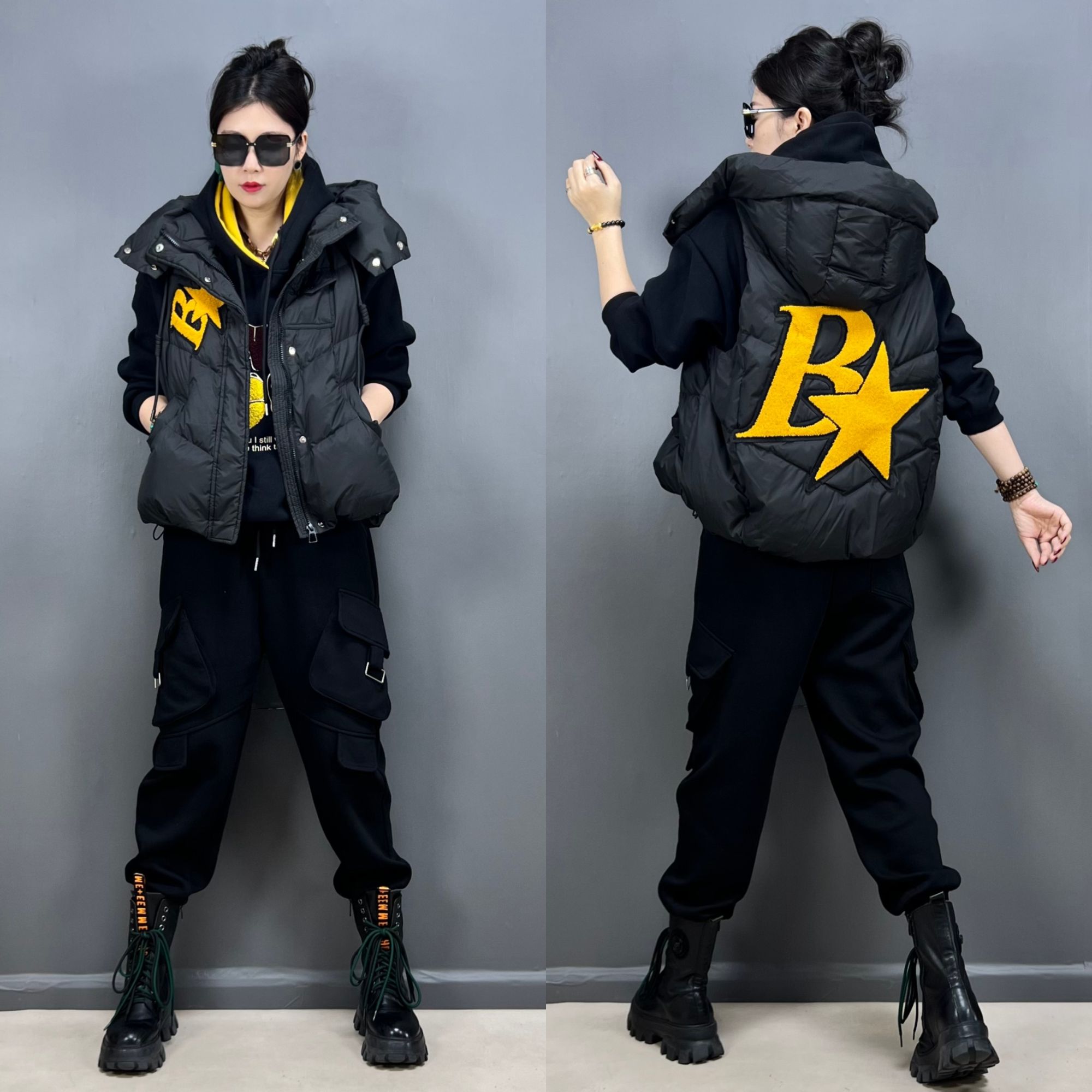 个性休闲减龄时尚显瘦帽子羽绒马甲秋冬潮牌字母R个性背心马夹