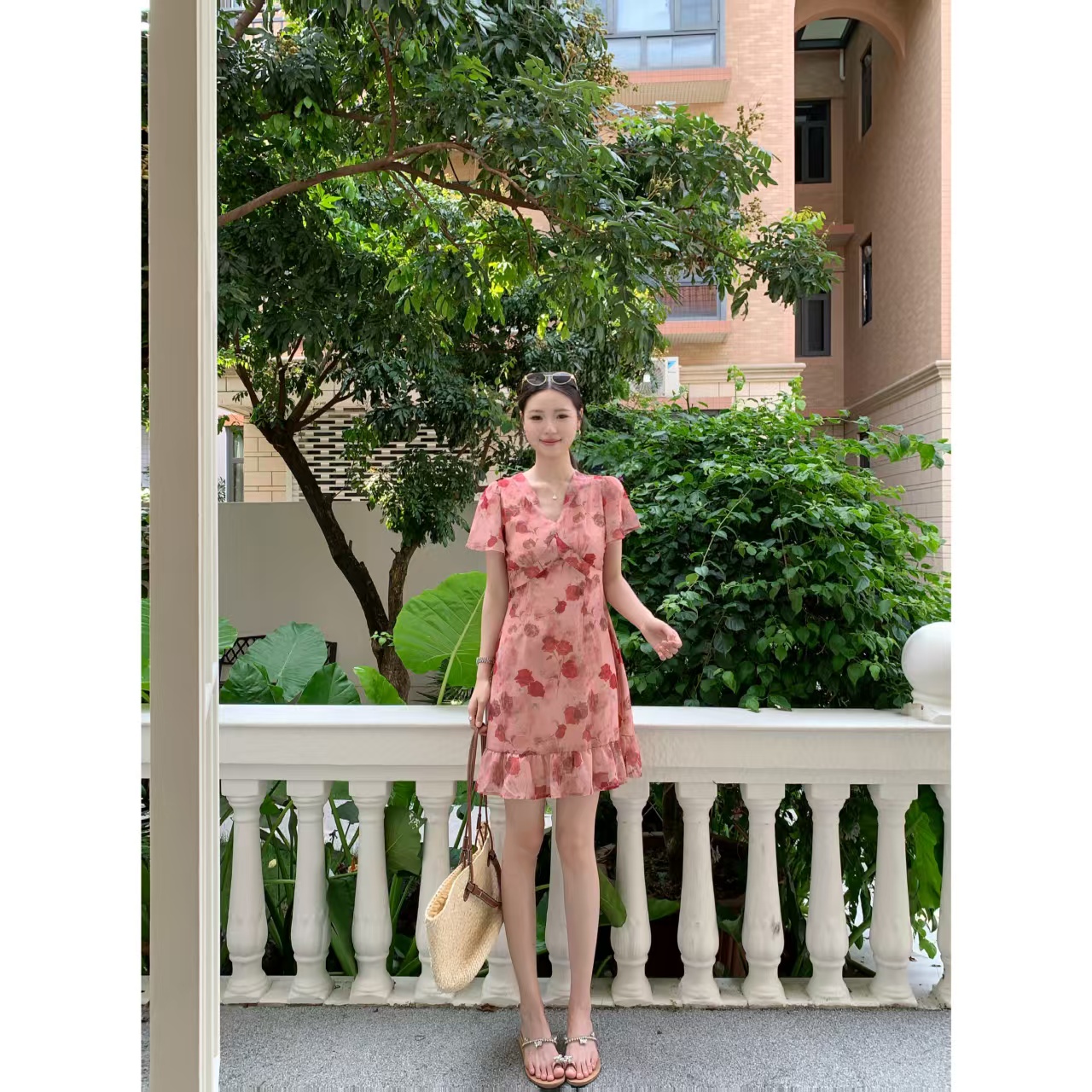48H【蔷薇少女】加长夏季雪纺印花收腰显瘦气质连衣裙26296