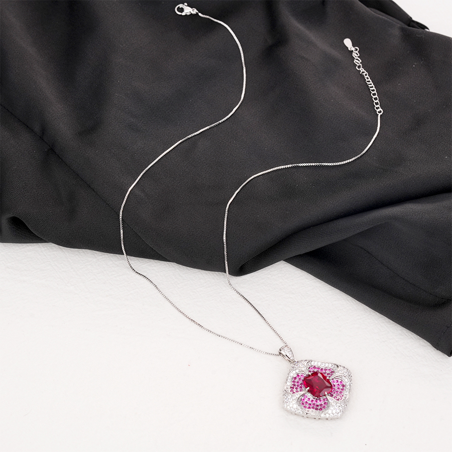 铜合金合成锆石项链 精致锁骨链轻奢粉红色项链百搭小众-7020-2