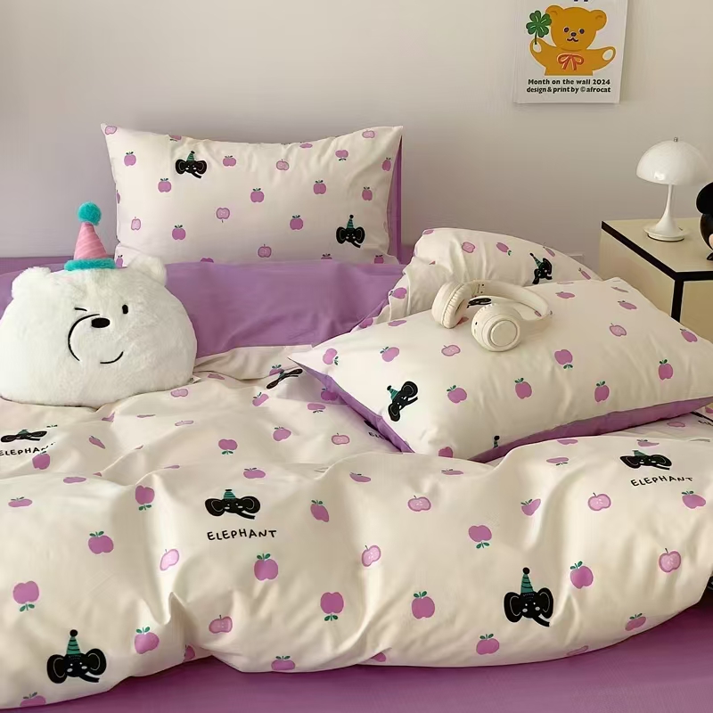 苹果小黑象四件套卧室简约全棉印花床品四件套