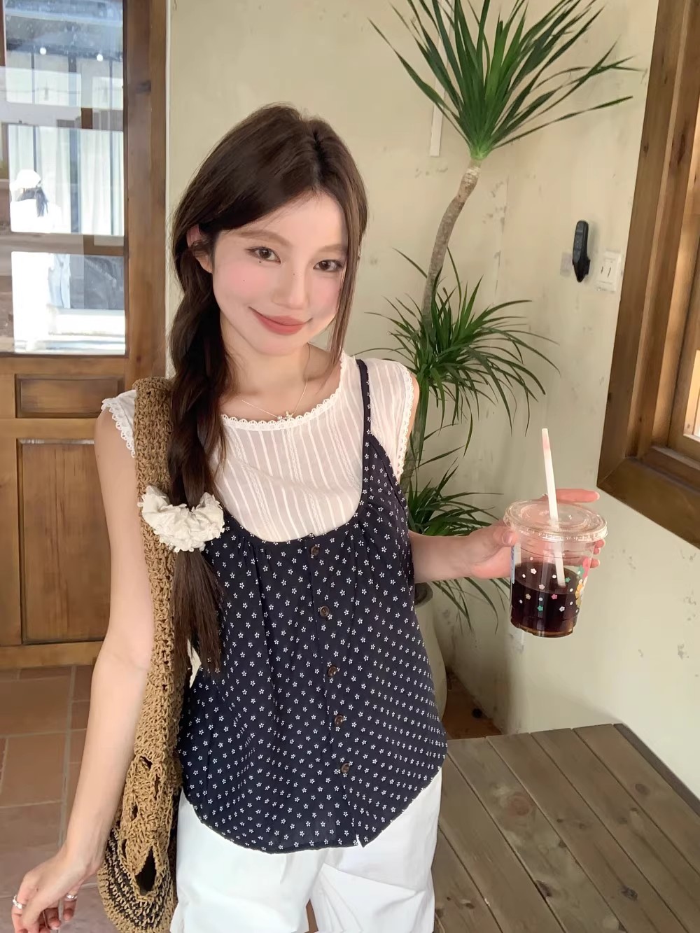 吊带潮牌女装碎花减龄气质拼接假两件显瘦宽松薄款背带波点时尚
