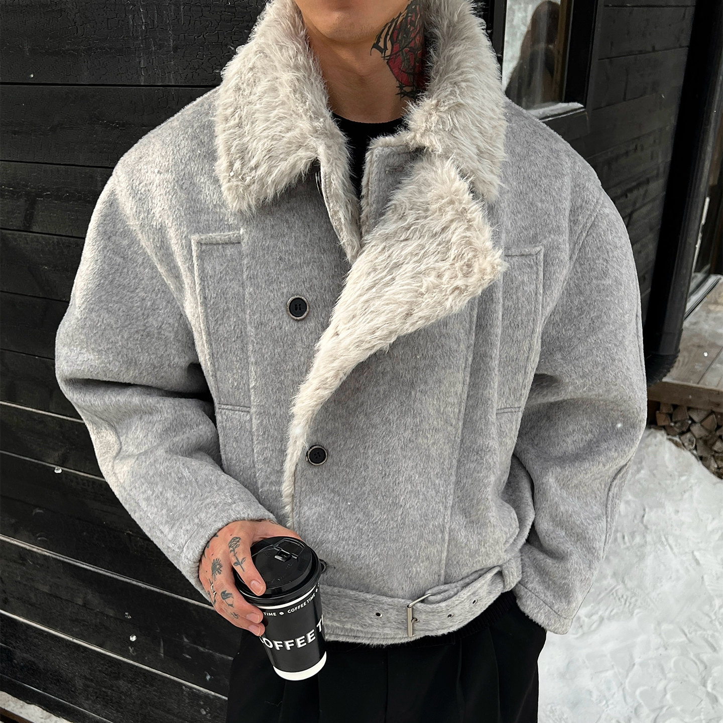 OXFREAK「活页门襟 羊毛混纺」座山雕棉服男冬季加绒加厚保暖外套