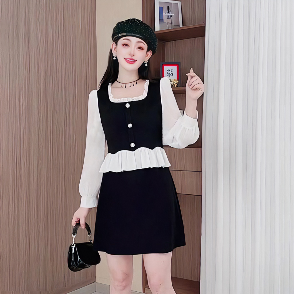 3713方领法式连衣裙拼接高腰假两件连衣裙木耳领减龄通勤显瘦裙子