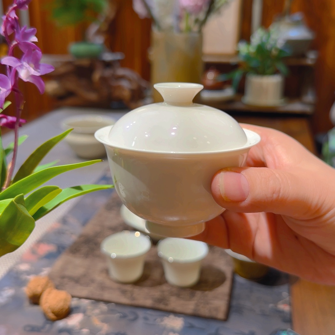 微澜定瓷 两才元宝盖碗宝相纹110cc