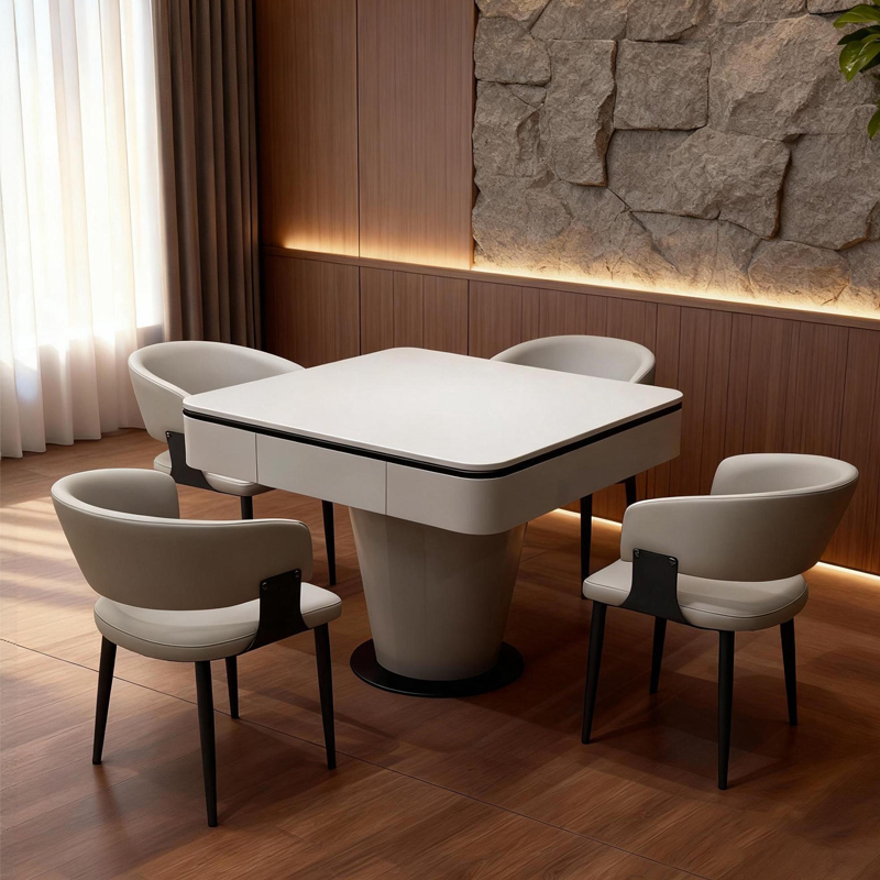 轻奢风实木餐桌麻将一体桌米白色高端家用超薄全自动静音麻将机芯