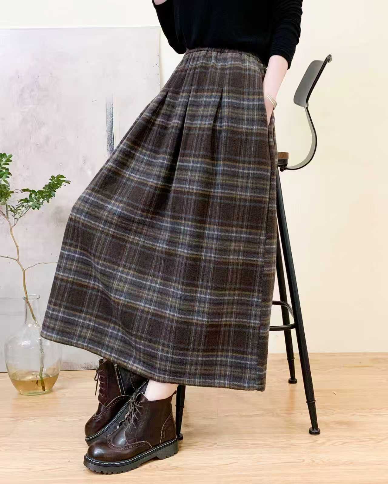 高腰格子半身裙灰蓝格裙百褶裙宽松百搭裙子显瘦毛呢裙