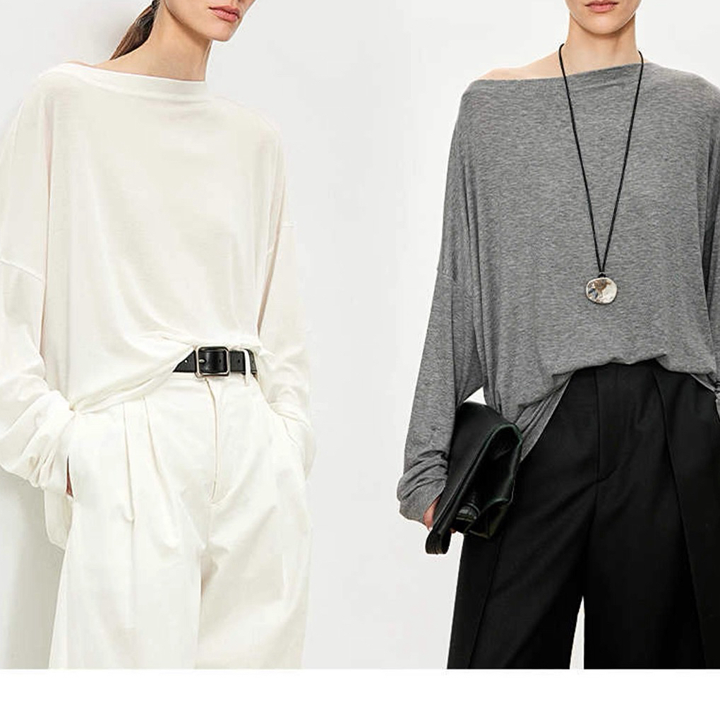 A212  斜领设计感亲肤莱赛尔三色长袖T恤