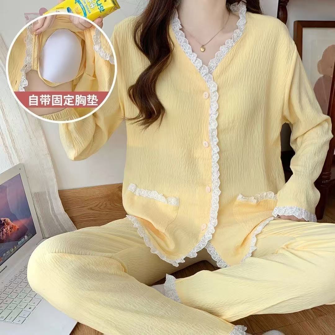 100%纯棉带胸垫睡衣女2026春秋新款长袖长裤秋冬可外穿家居服套装