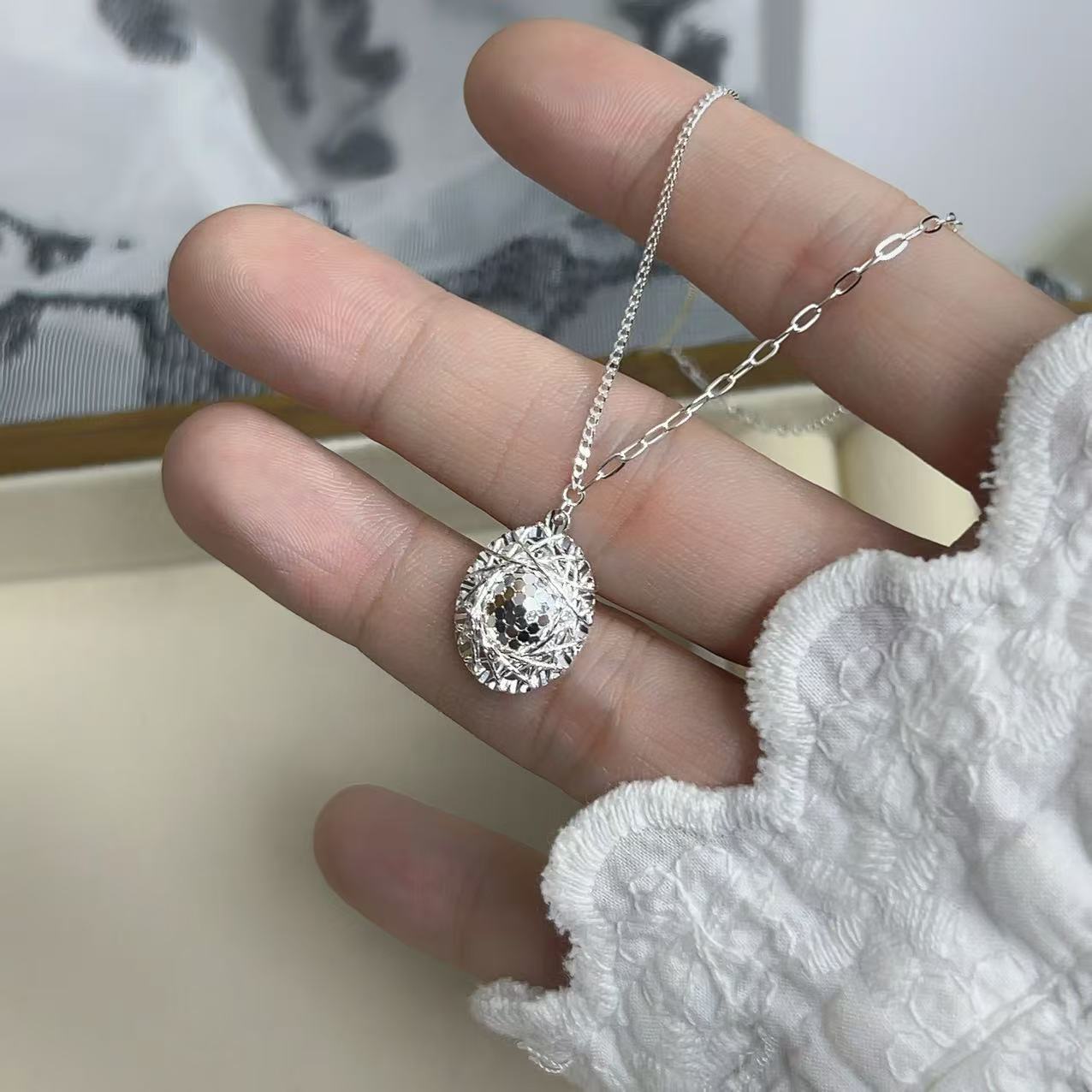 坠链均足银 足银999 【鸽子蛋碎冰冰】项链 