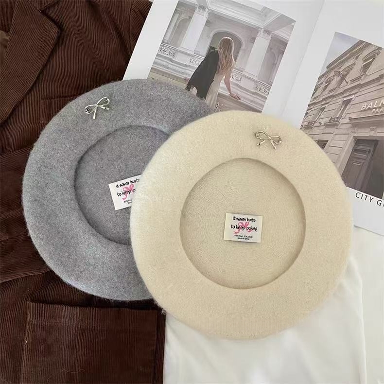 韩系蝴蝶结亲子贝雷帽女童冬季百搭ins氛围感羊毛贝雷帽时尚