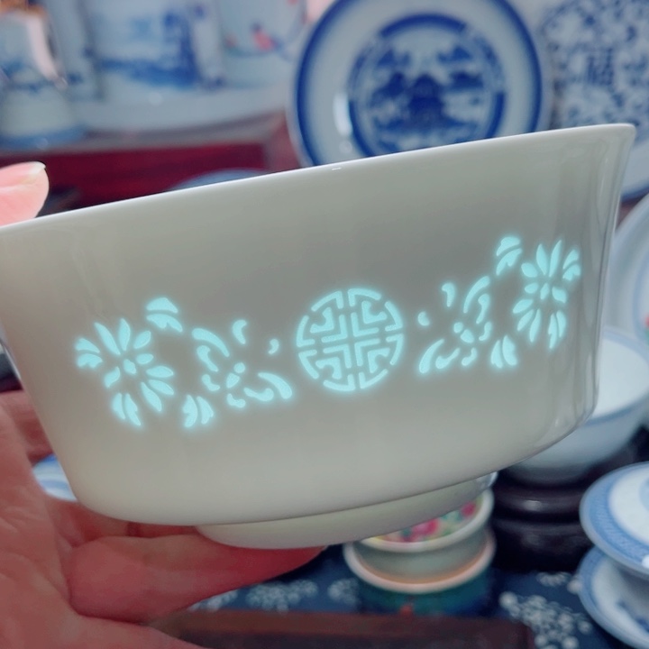  青花玲珑6.5寸面碗花雕小失圆