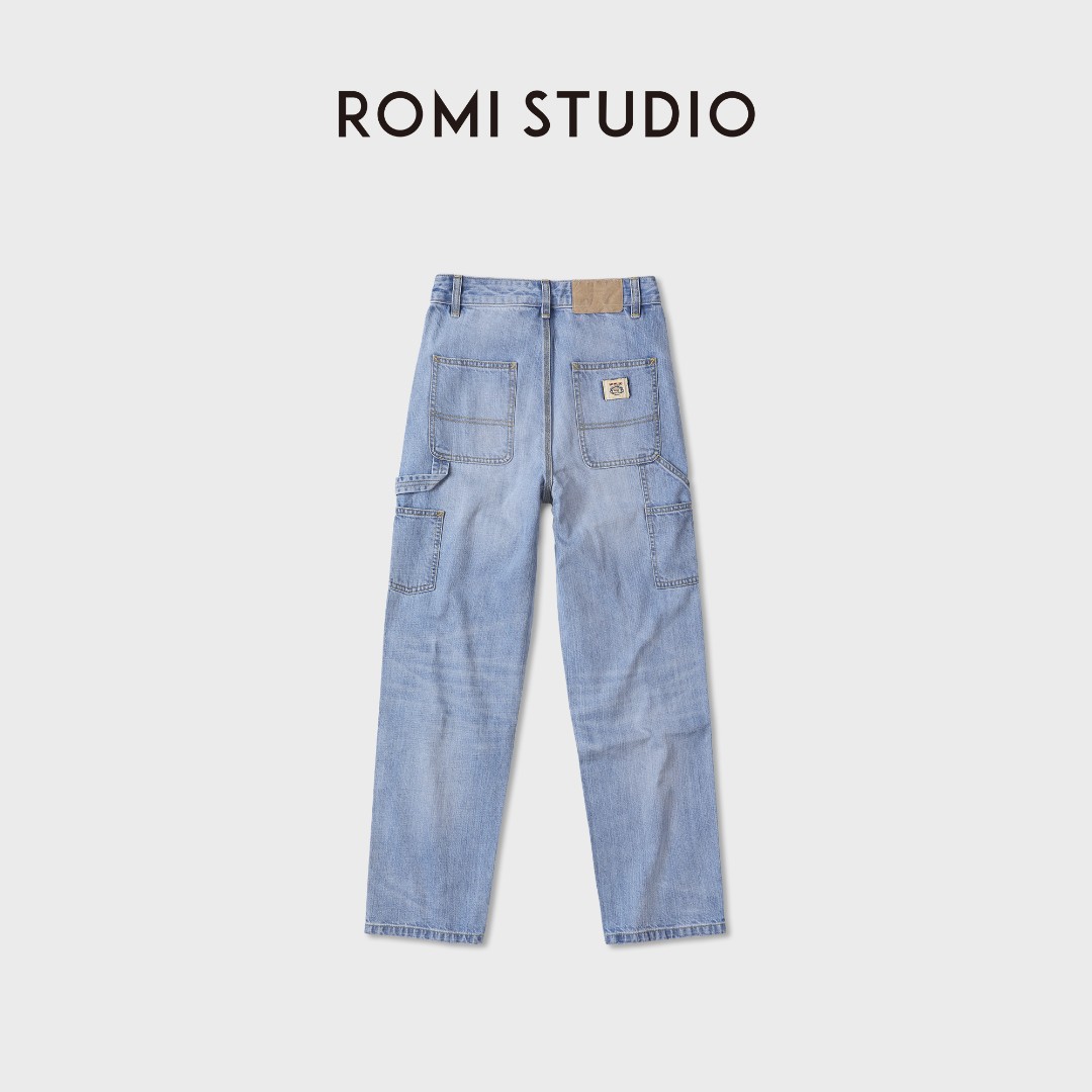 ROMI STUDIO“美式复古”做旧水洗棉质浅蓝工装牛仔裤RWDRX83910